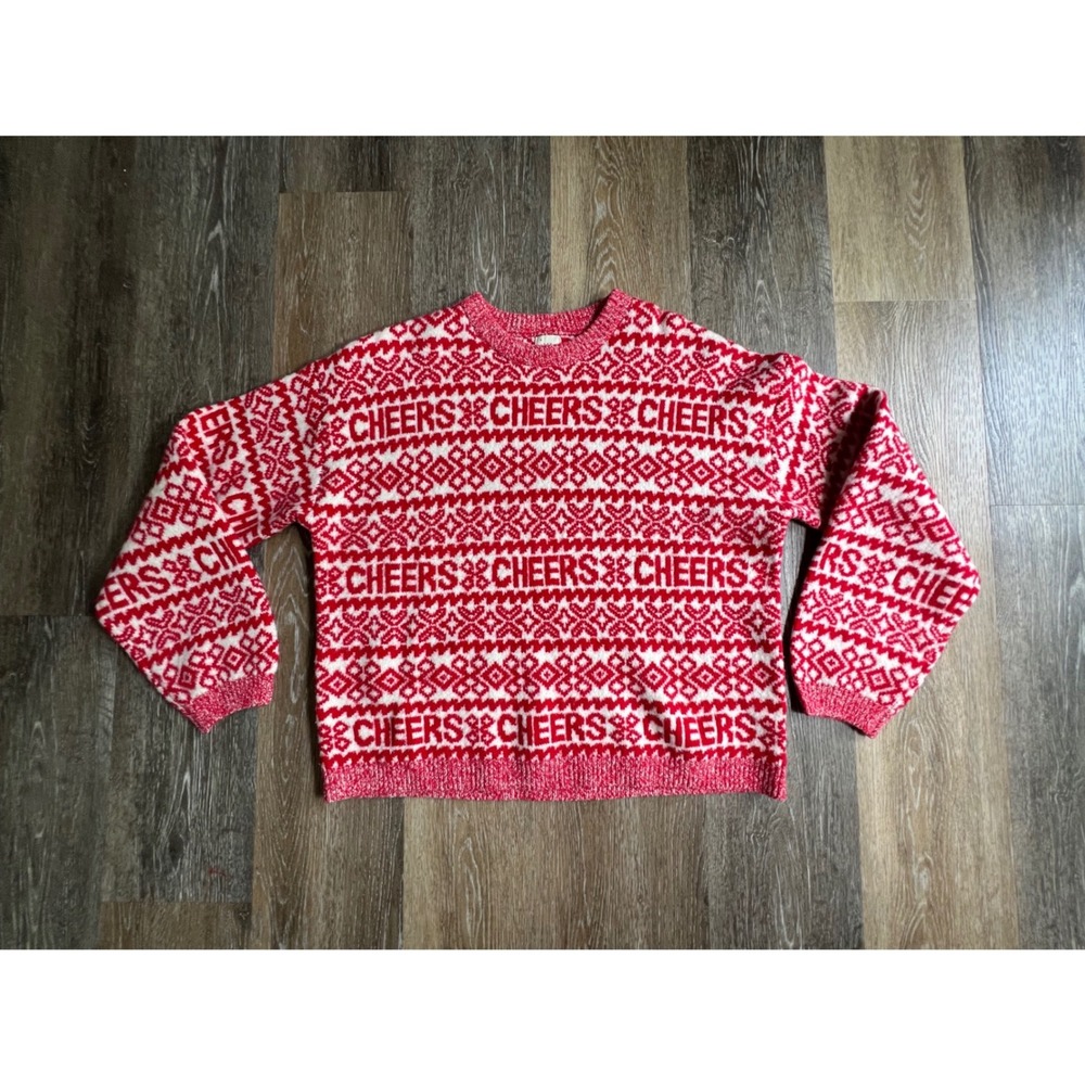 A New Day Sweater Womens L Red White Excellent Cheers Fair Isle Holiday Knit